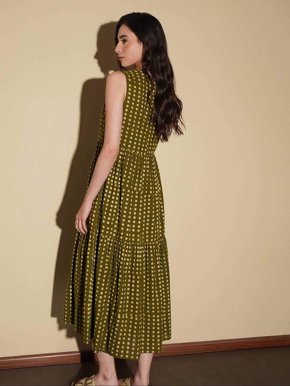 Cotton Dabu Geometric Tiered Dress - Olive