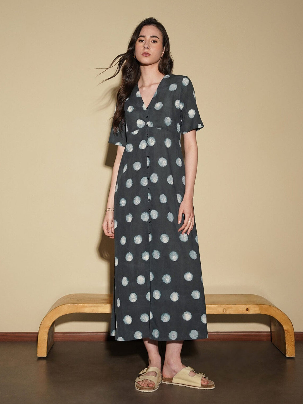 Cotton Dabu Polka A-Line Dress - Black