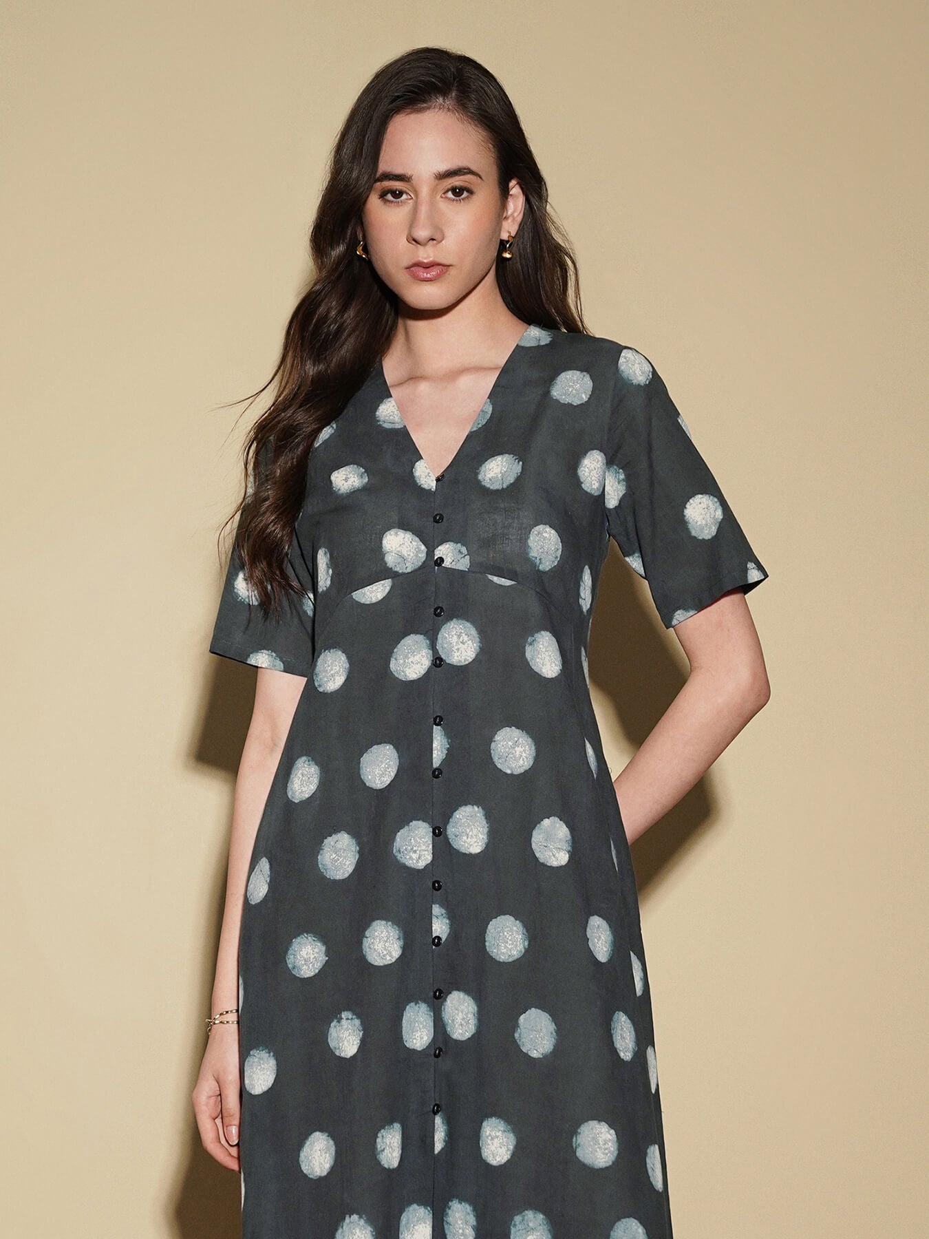 Cotton Dabu Polka A-Line Dress - Black