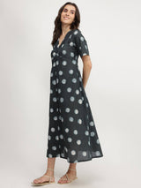 Cotton Dabu Polka A-Line Dress - Black