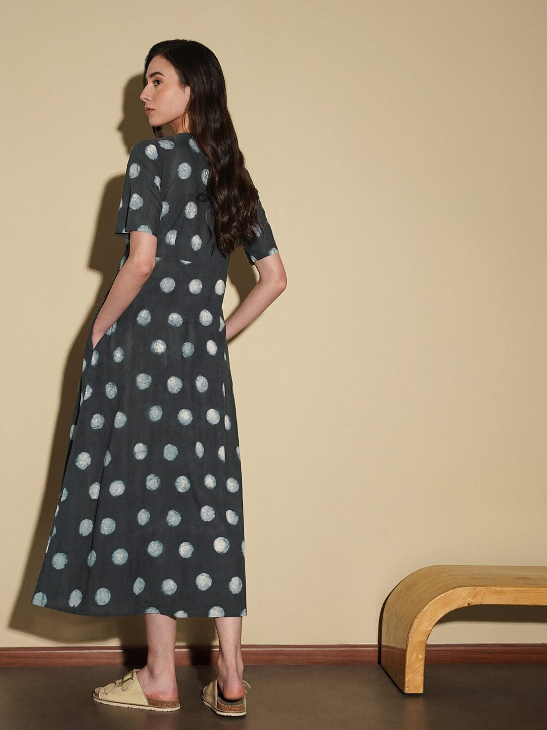 Cotton Dabu Polka A-Line Dress - Black