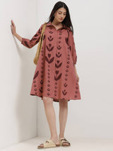 Cotton Floral A-Line Shirt Dress - Burgundy