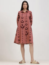 Cotton Floral A-Line Shirt Dress - Burgundy