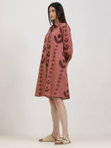 Cotton Floral A-Line Shirt Dress - Burgundy