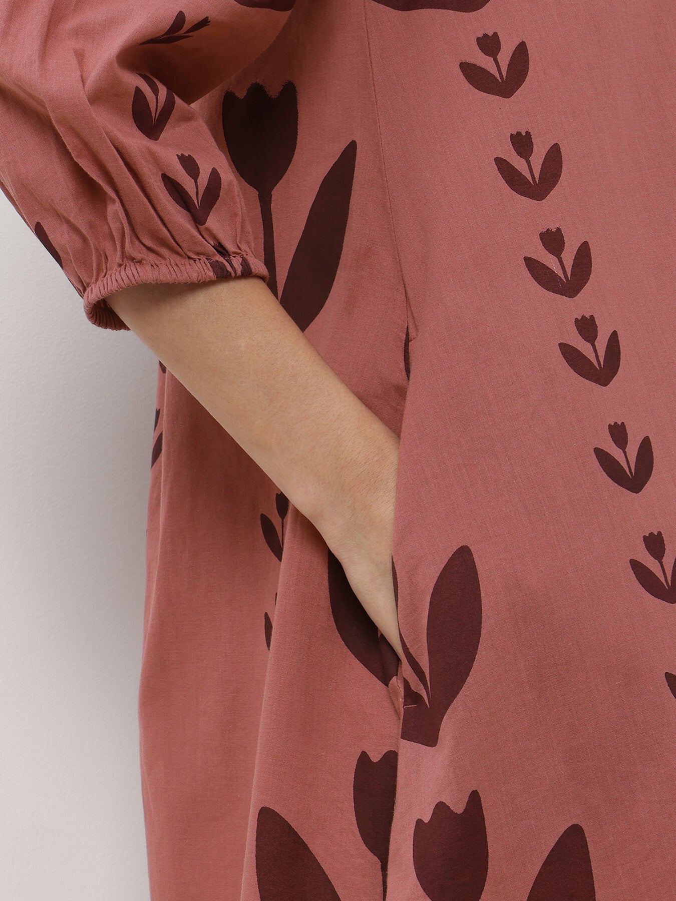 Cotton Floral A-Line Shirt Dress - Burgundy