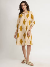 Cotton Geometric Shirt Dress - Beige & Mustard