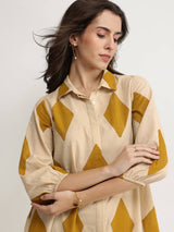 Cotton Geometric Shirt Dress - Beige & Mustard
