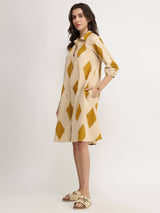 Cotton Geometric Shirt Dress - Beige & Mustard