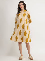 Cotton Geometric Shirt Dress - Beige & Mustard