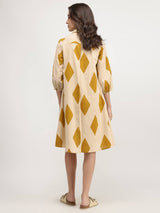 Cotton Geometric Shirt Dress - Beige & Mustard