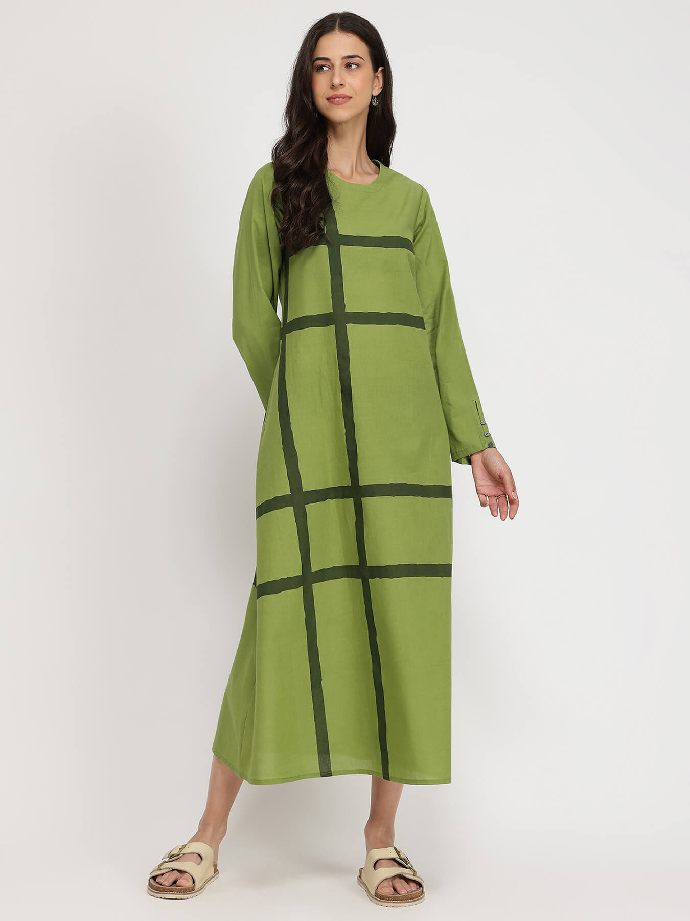 Cotton Geometric A-line Dress - Green