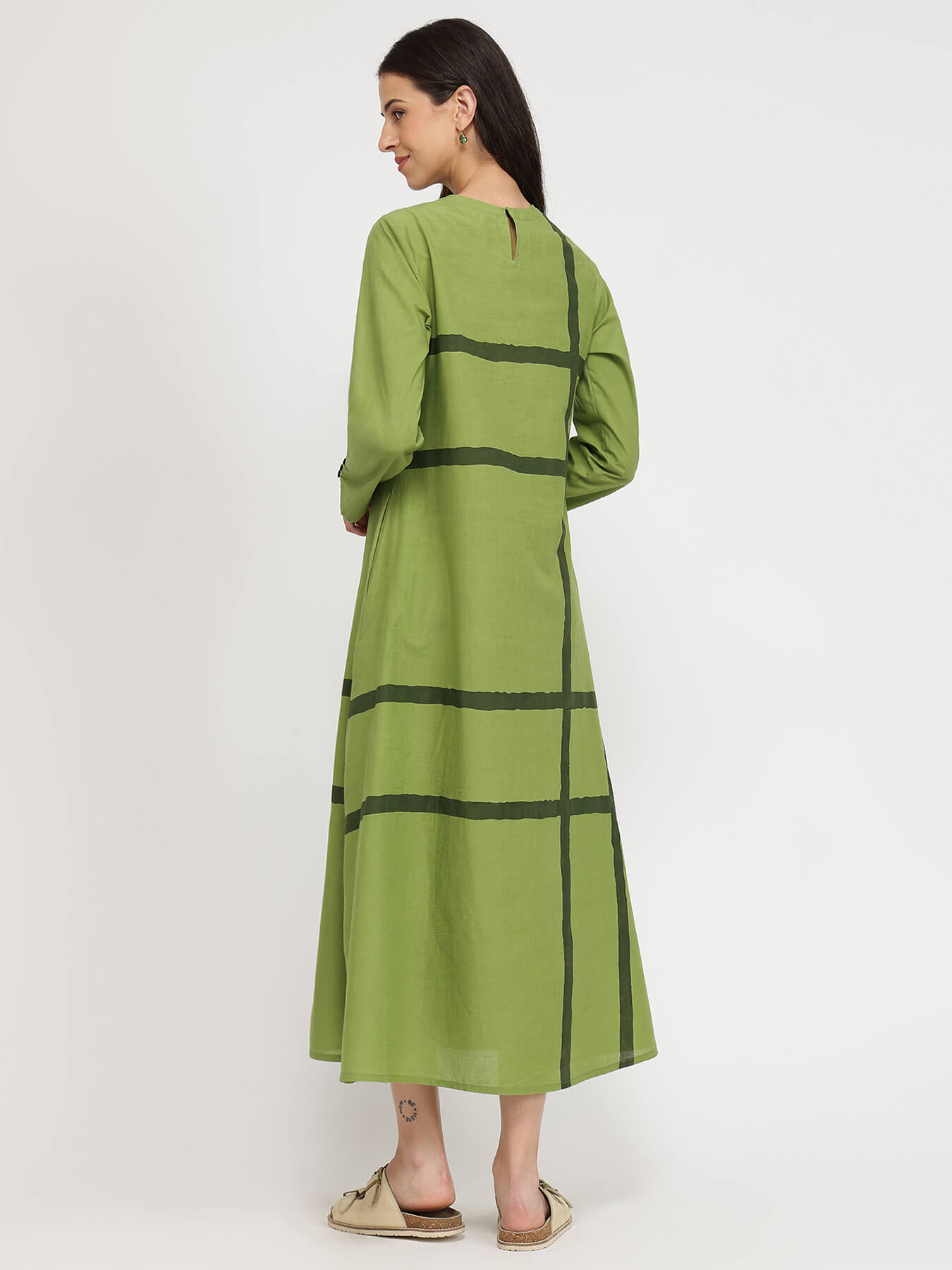 Cotton Geometric A-line Dress - Green