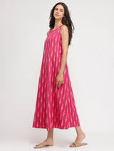 Cotton Ikat A-Line Dress - Pink
