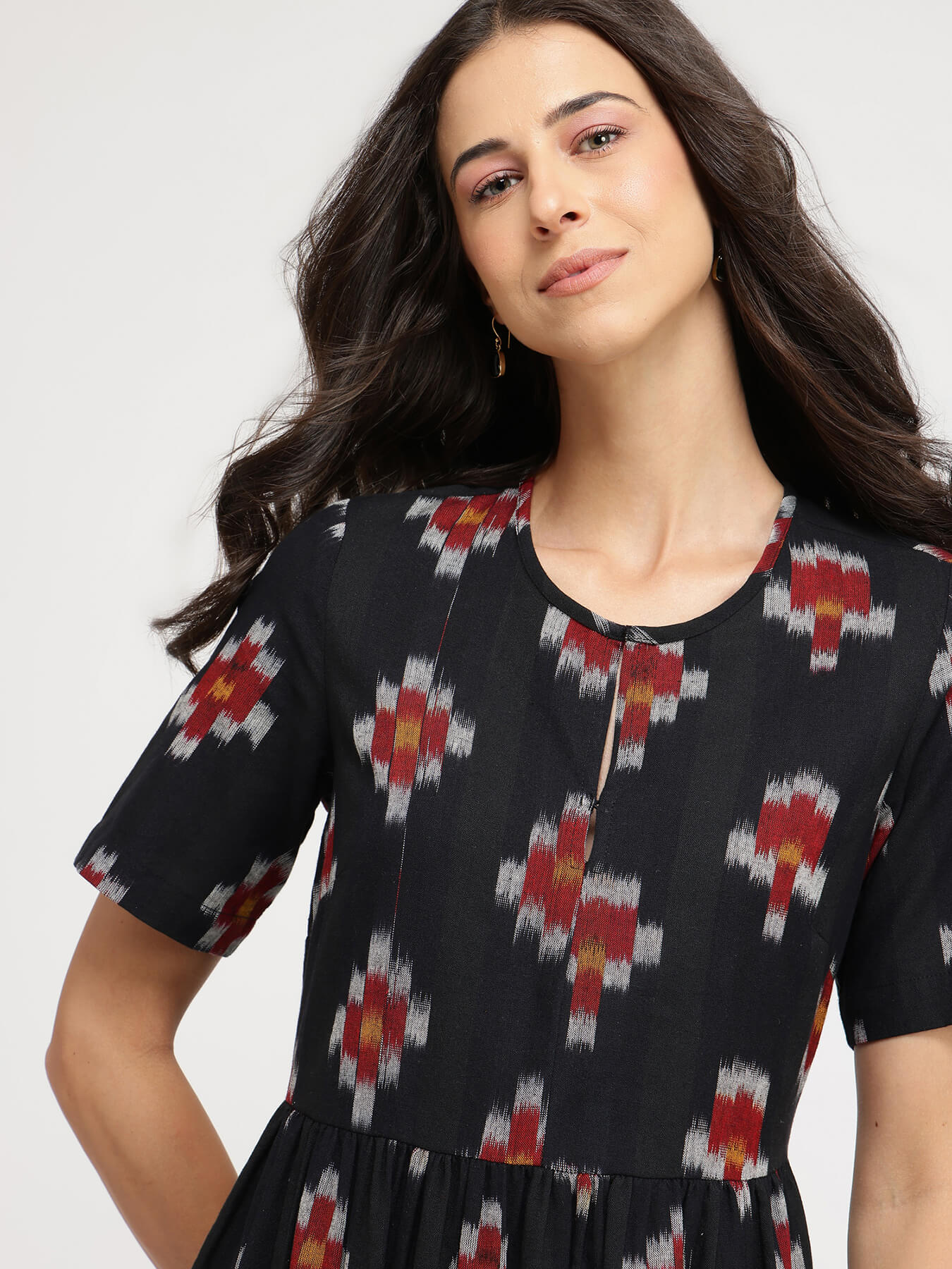 Cotton Ikat Fit & Flare Dress - Black