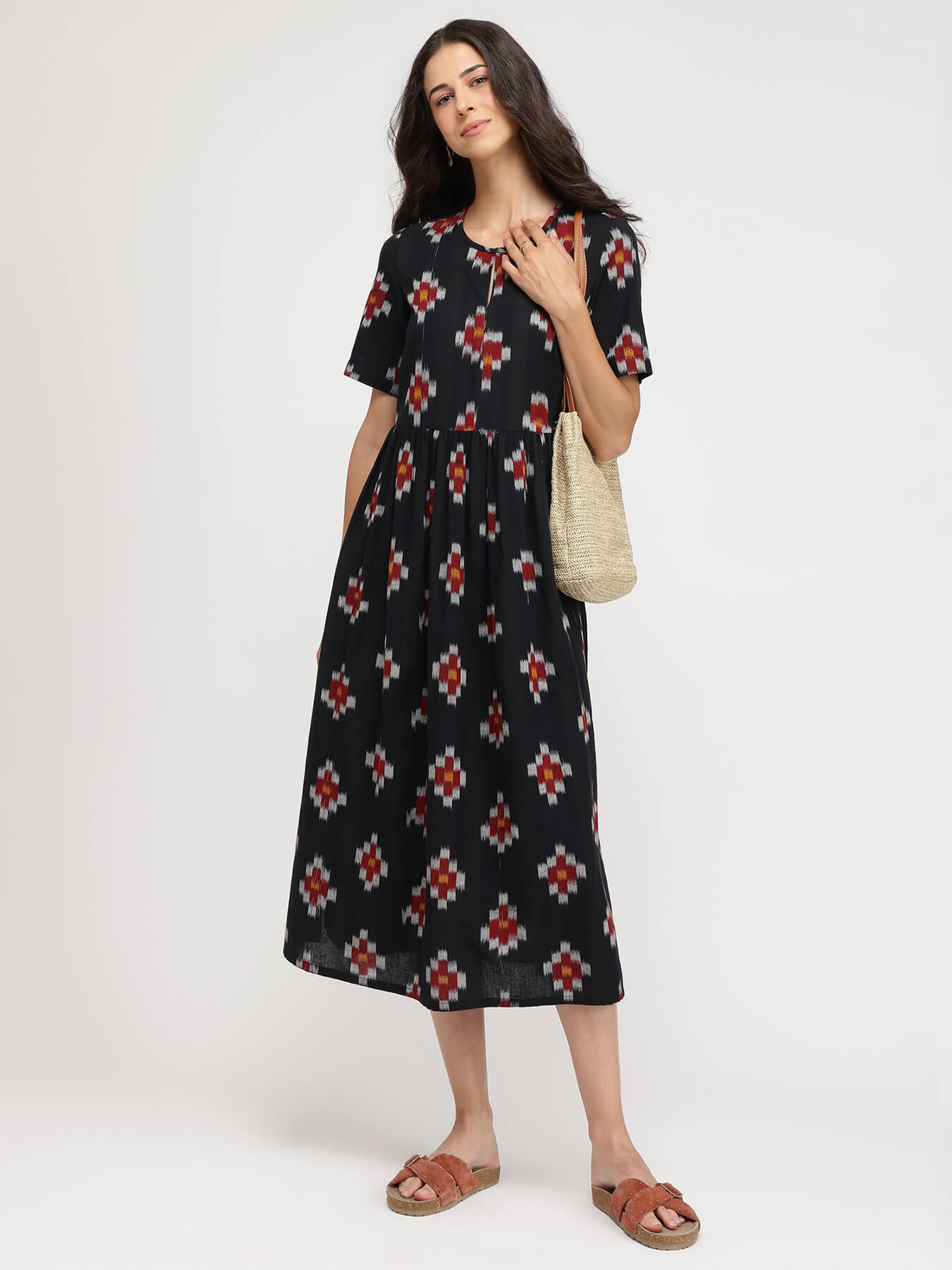 Cotton Ikat Fit & Flare Dress - Black