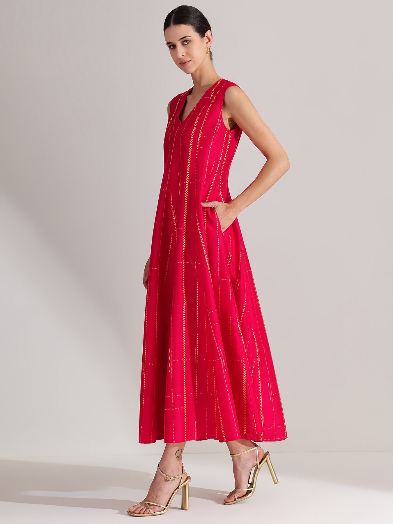 Viscose Geometric Print Sleeveless Dress - Pink