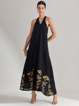 Silk Floral Statement Print Dress - Black & Gold