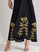 Silk Floral Statement Print Dress - Black & Gold