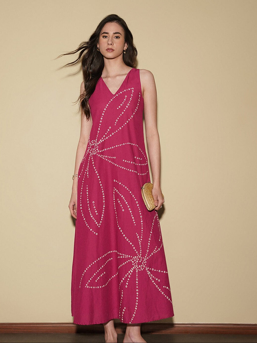 Cotton Bandhani Floral A-Line Dress - Magenta