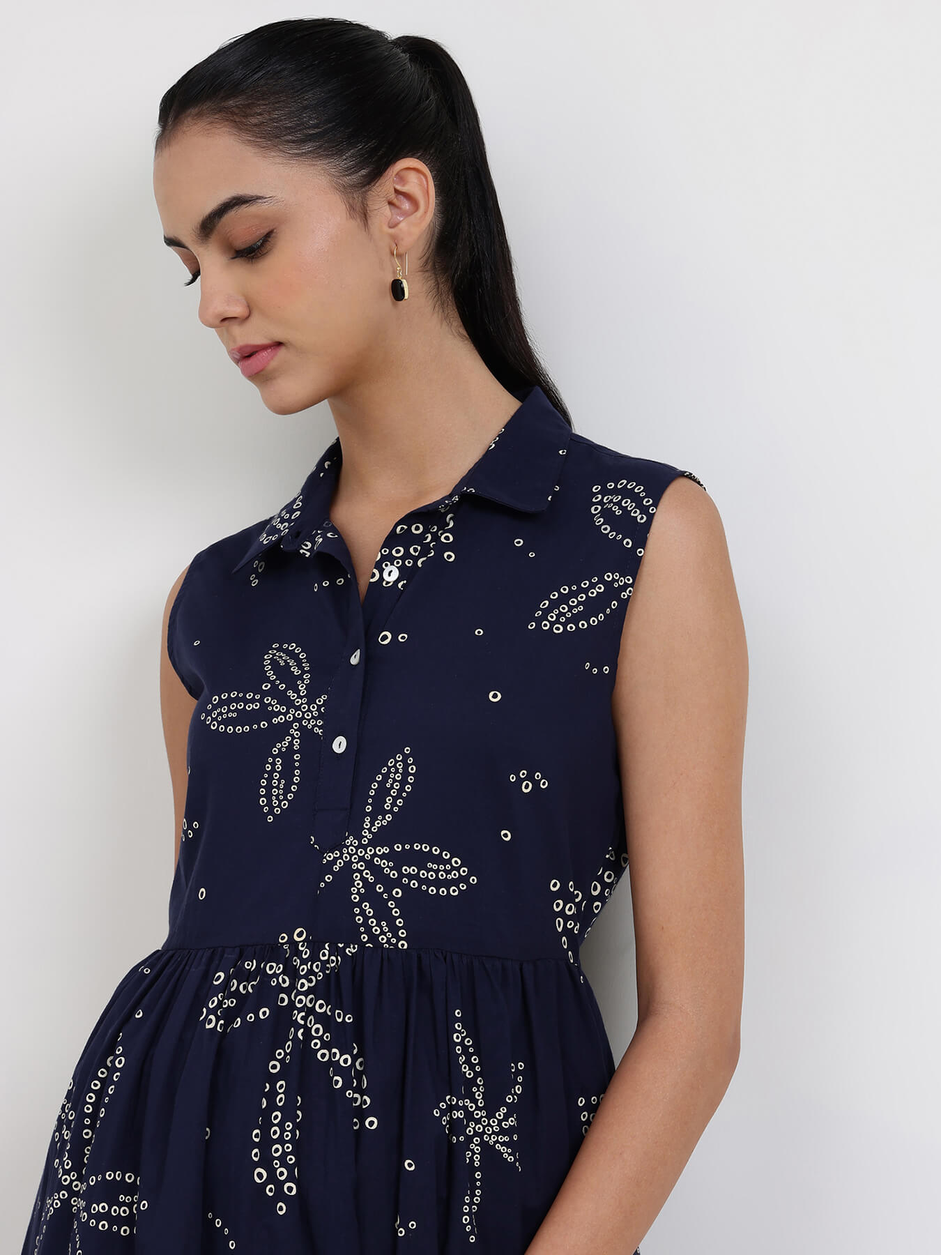 Cotton Bandhani Floral Shirt Dress - Navy Blue