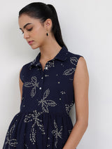 Cotton Bandhani Floral Shirt Dress - Navy Blue