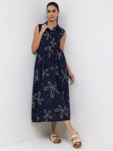 Cotton Bandhani Floral Shirt Dress - Navy Blue