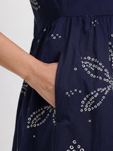 Cotton Bandhani Floral Shirt Dress - Navy Blue