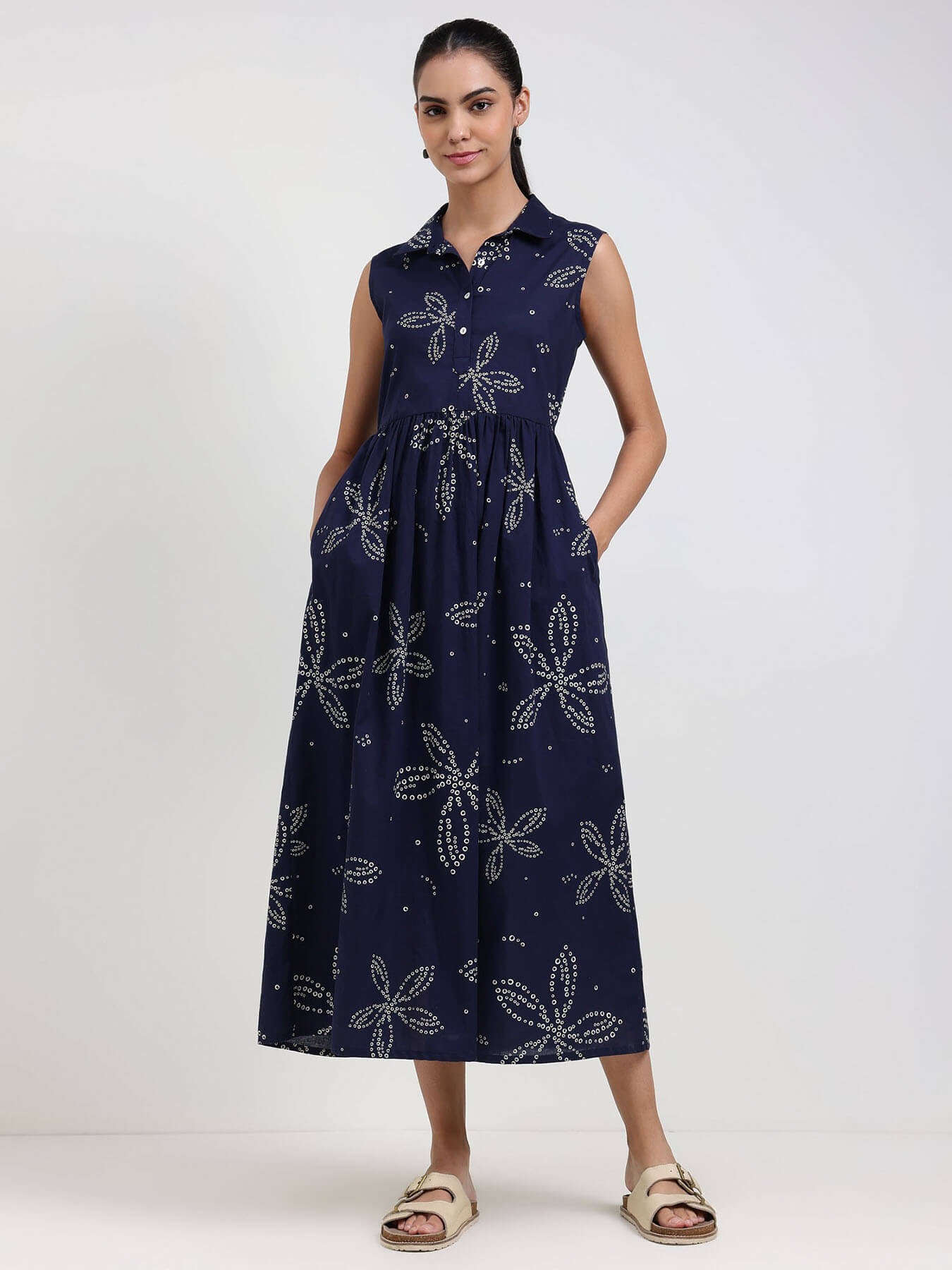 Cotton Bandhani Floral Shirt Dress - Navy Blue