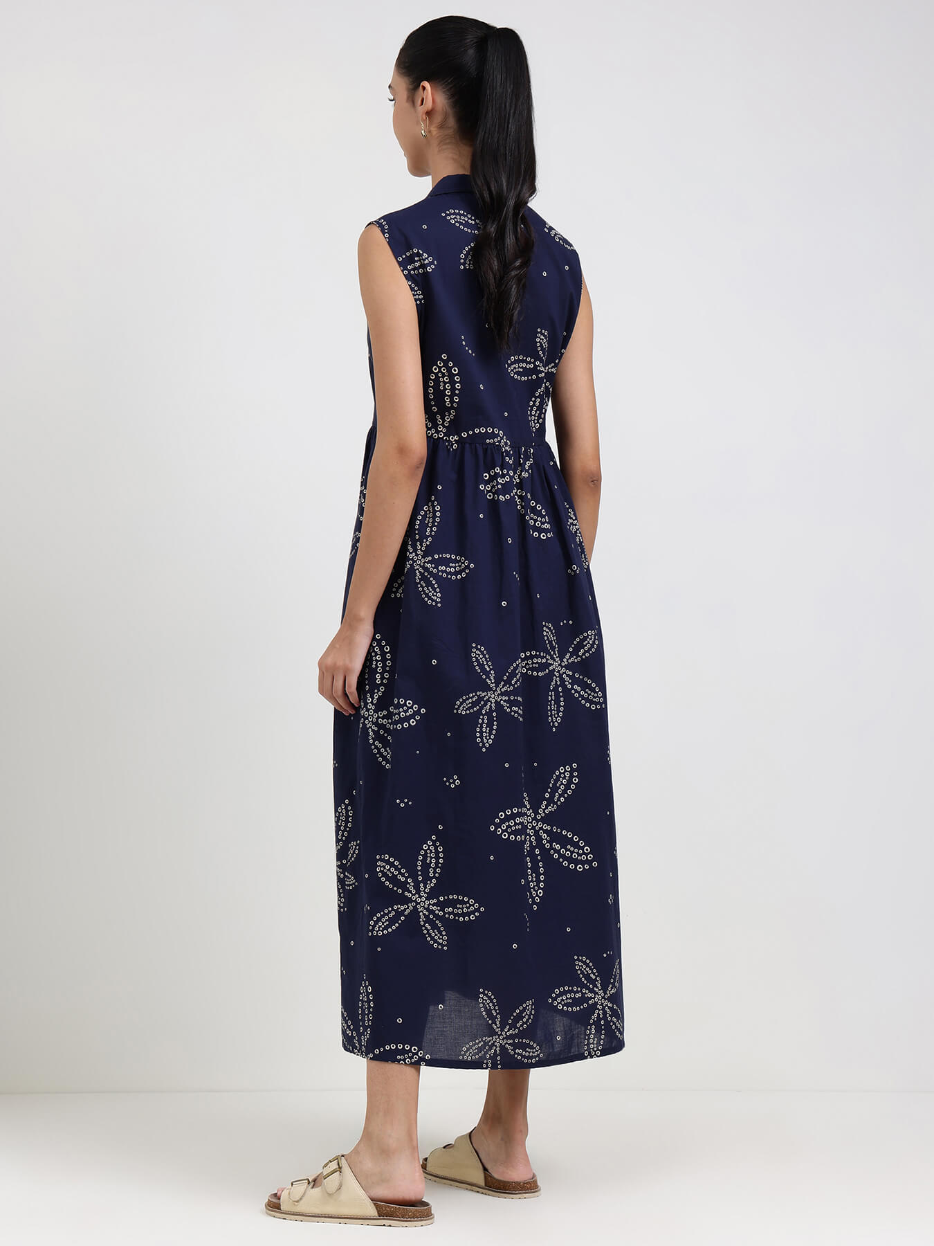 Cotton Bandhani Floral Shirt Dress - Navy Blue