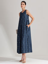 Viscose Silk Embroidered Dress - Blue