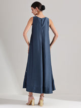 Viscose Silk Embroidered Dress - Blue