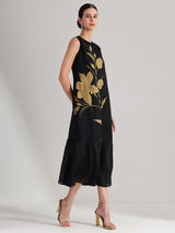 Silk Floral Statement Print Dress - Black & Gold