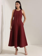 Linen Blend Colourblock A-Line Dress - Maroon