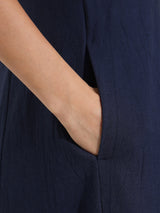 Linen Blend Colourblock A-Line Dress - Navy Blue & White