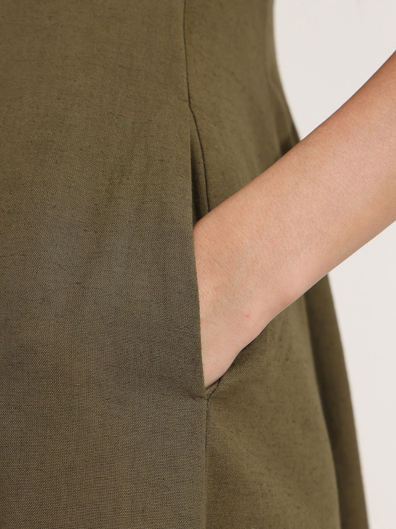 Linen Blend Solid Fit and Flare Dress - Olive