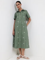 Cotton Striped A-Line Dress - Green