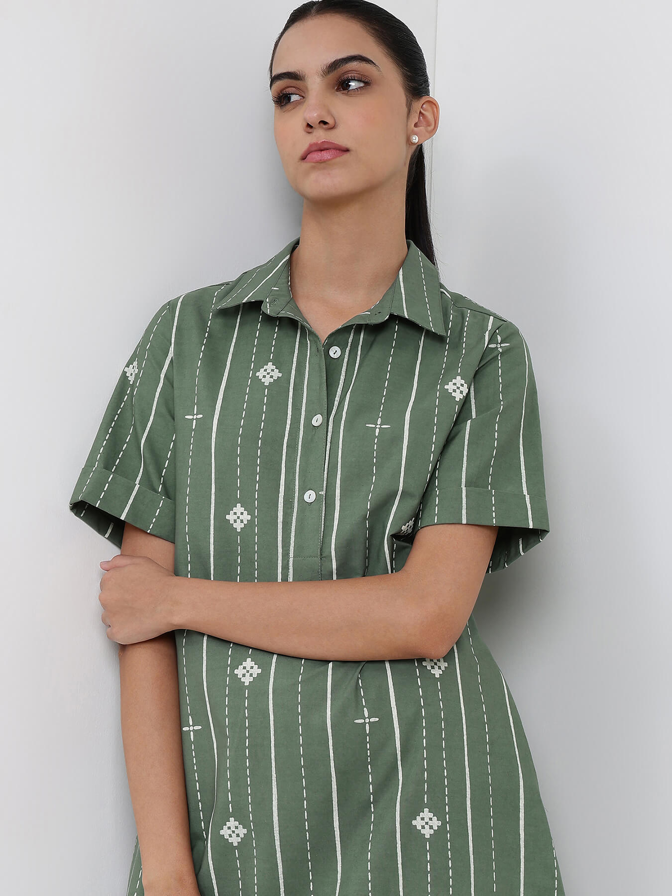 Cotton Striped A-Line Dress - Green