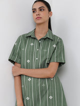 Cotton Striped A-Line Dress - Green