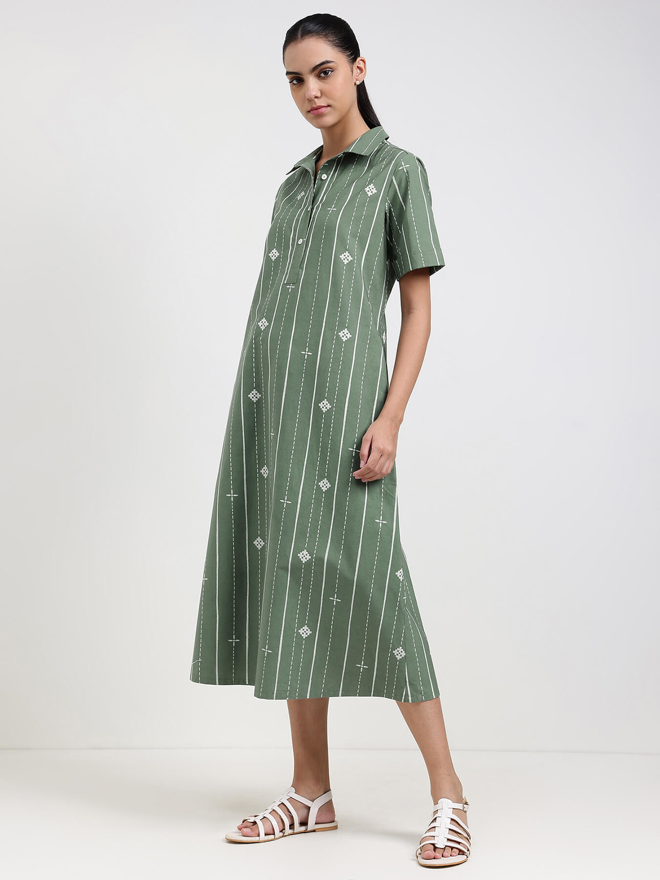 Cotton Striped A-Line Dress - Green