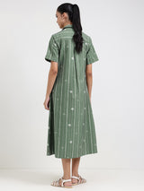 Cotton Striped A-Line Dress - Green