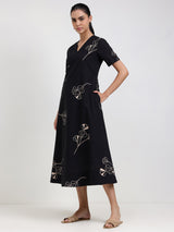 Cotton Floral Fit and Flare Dress - Black