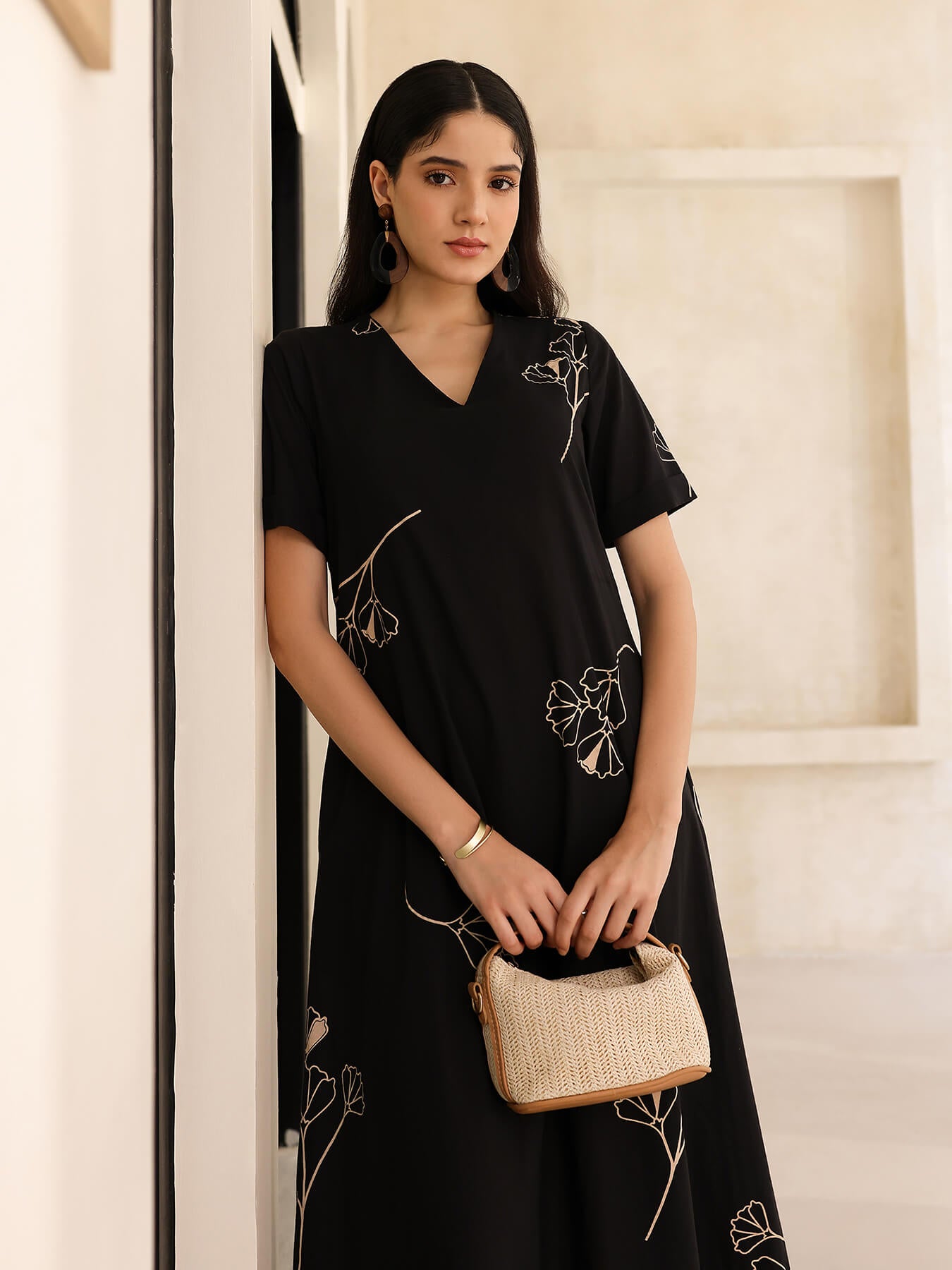 Cotton Floral Fit and Flare Dress - Black