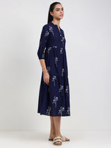Cotton Floral Fit and Flare Dress - Navy Blue