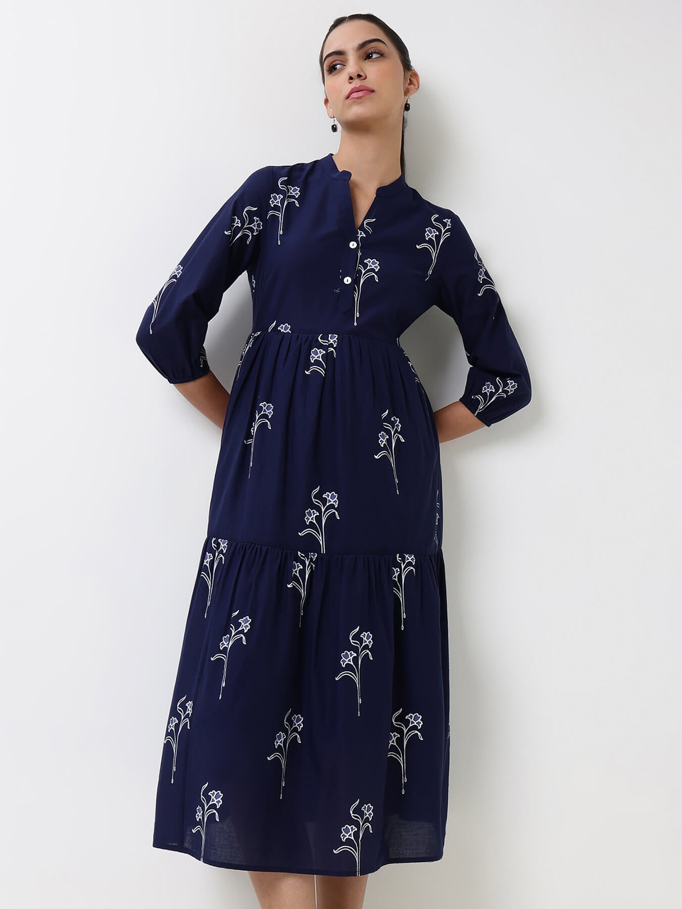 Cotton Floral Fit and Flare Dress - Navy Blue