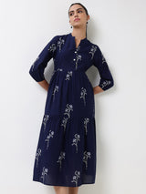 Cotton Floral Fit and Flare Dress - Navy Blue