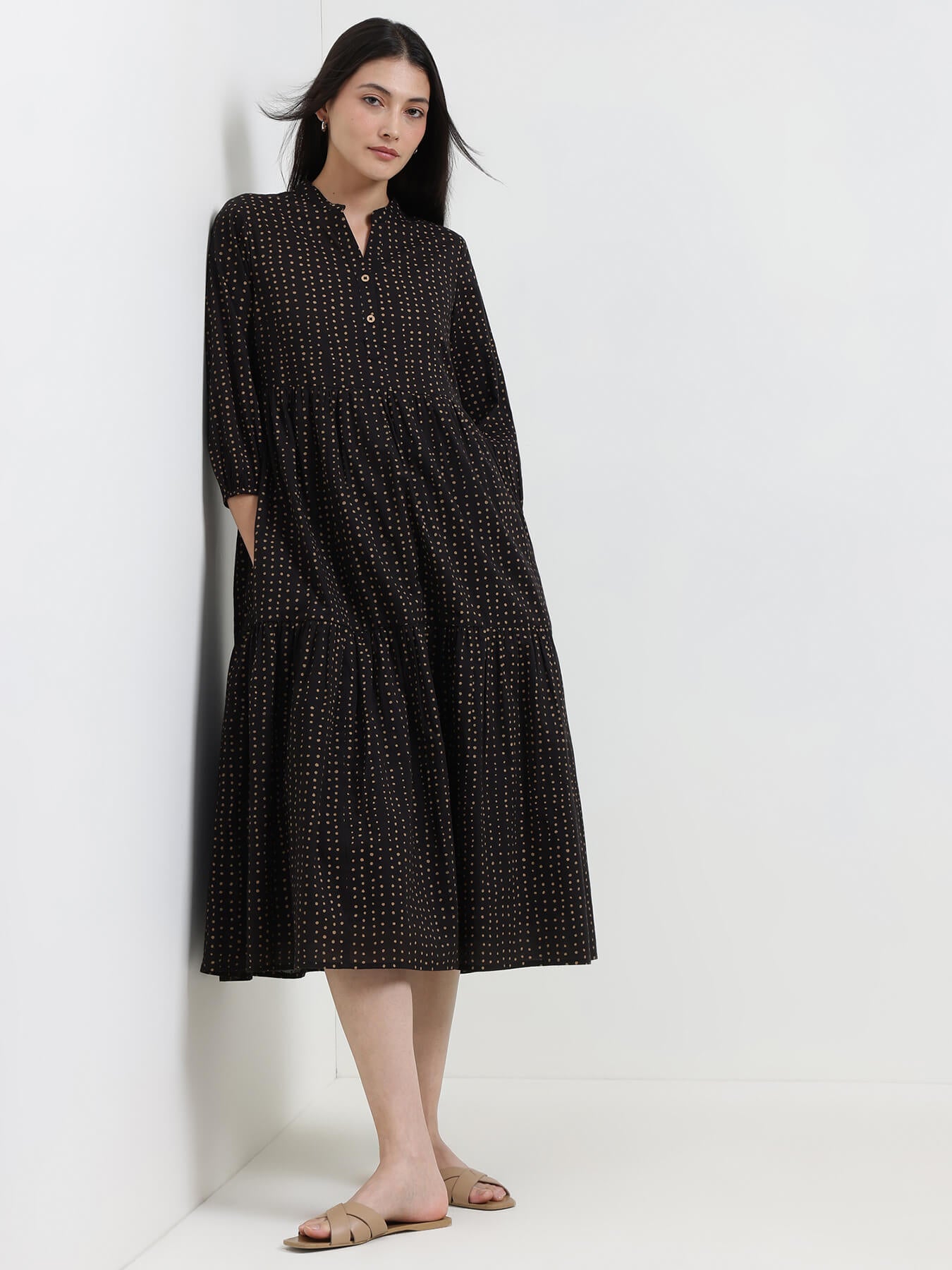 Cotton Polka Fit and Flare Dress - Black