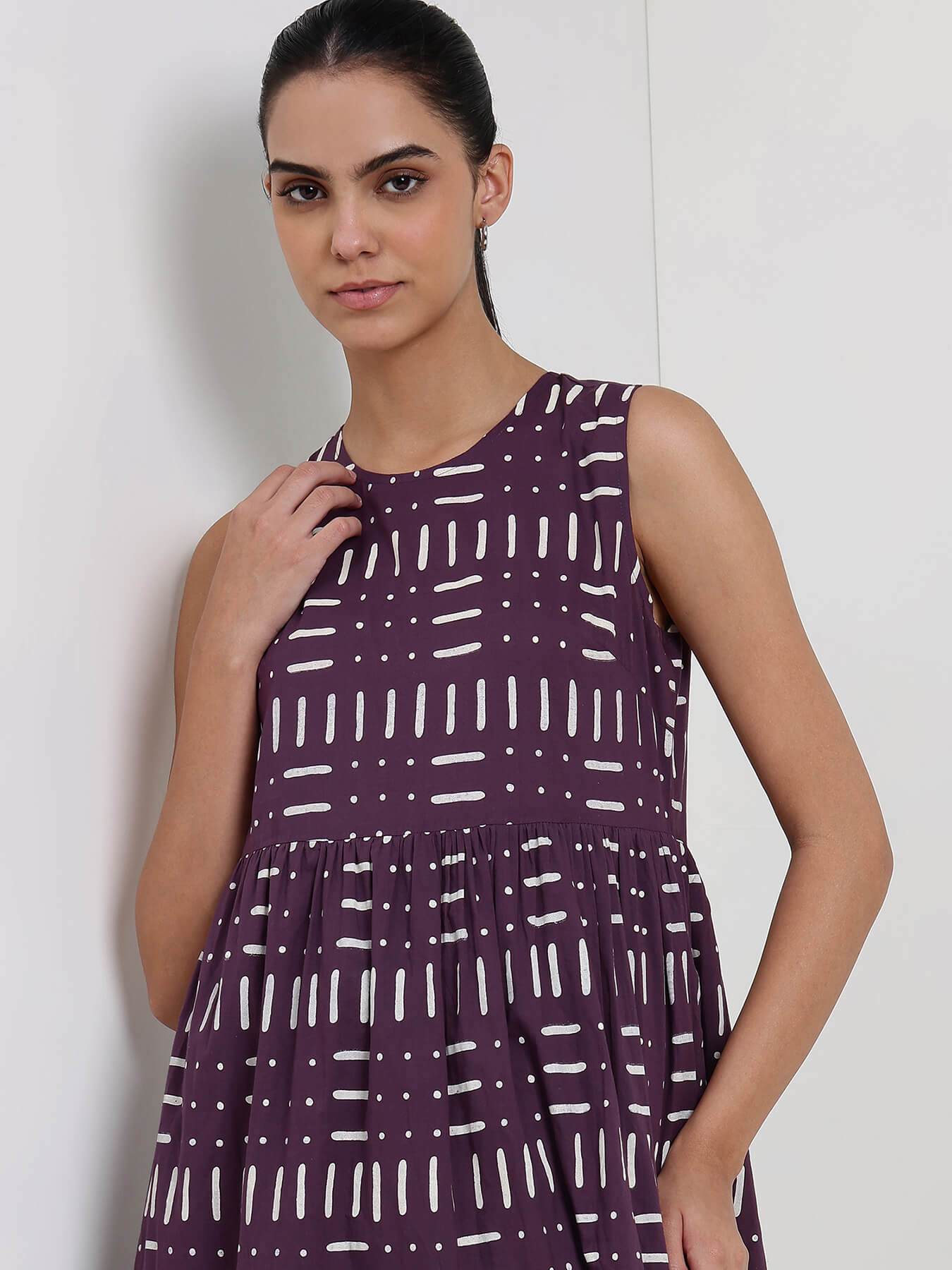 Cotton Geometric Fit and Flare Dress - Purple