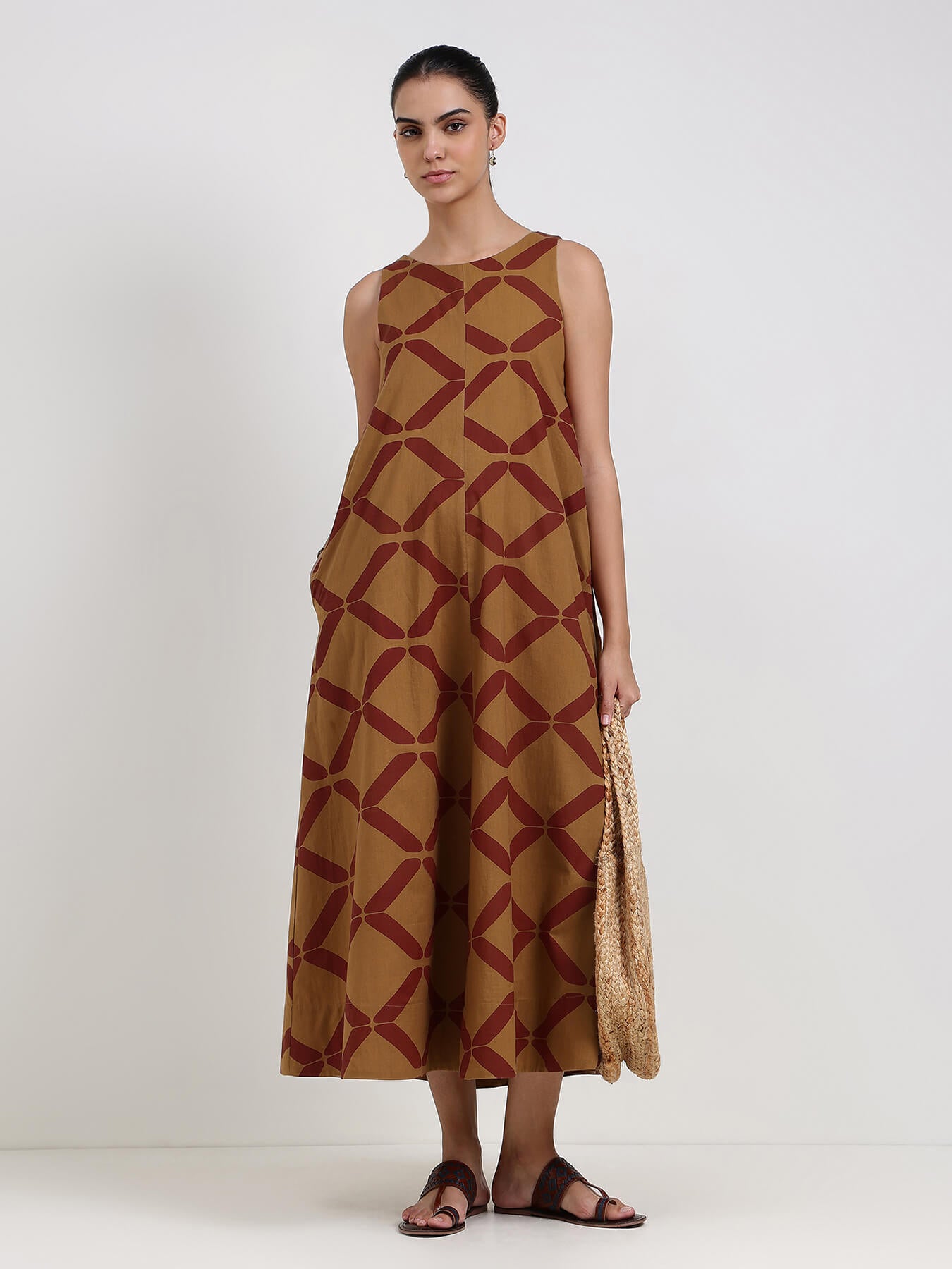 Cotton Geometric A-Line Dress - Mustard