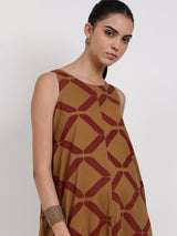 Cotton Geometric A-Line Dress - Mustard