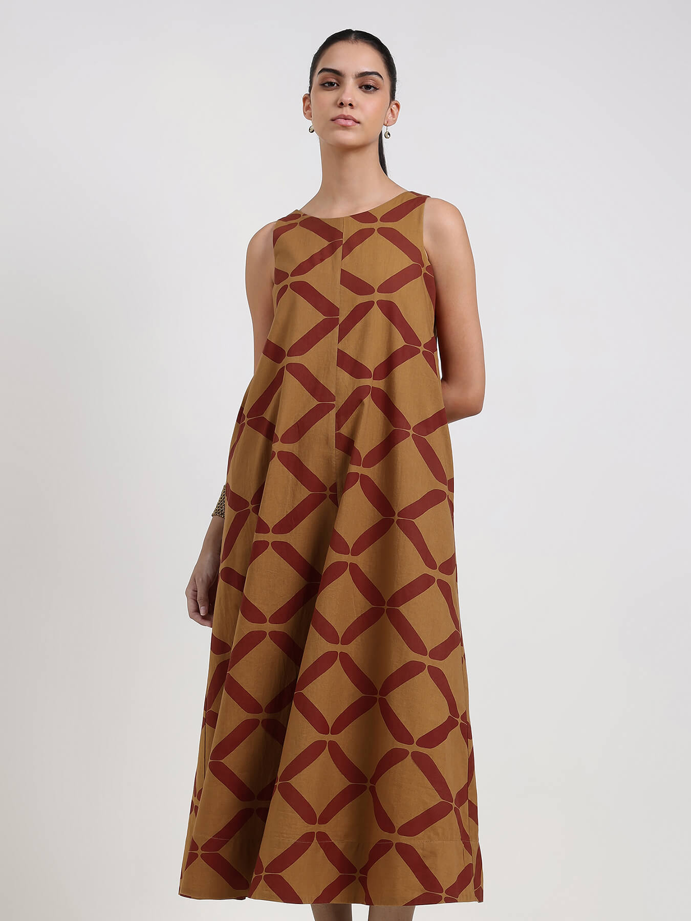 Cotton Geometric A-Line Dress - Mustard